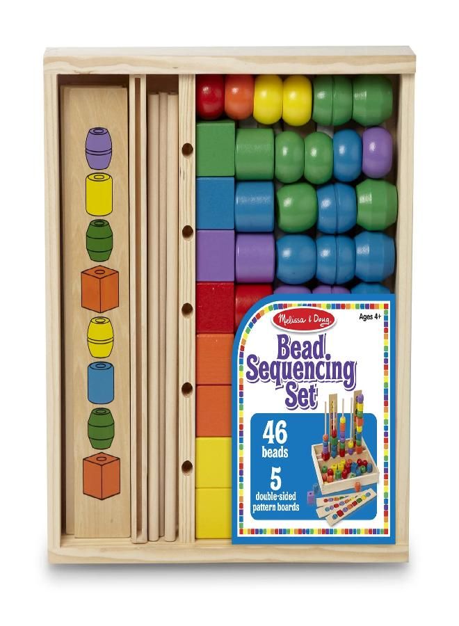 Melissa & Doug Bead Sequencing Set With 46 Wooden Beads and 5 Double-Sided Pattern Boards - Color Recognition Toys, Matching Shapes Stacker, Shape Sorter Toys For Kids Ages 4+