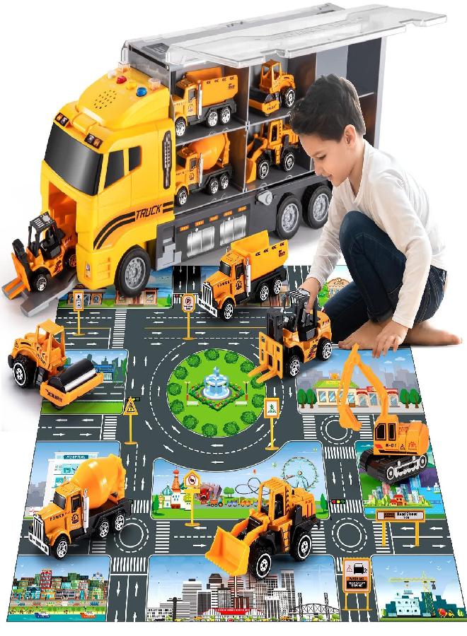 TEMI Toddler Toys for 3 4 5 6 Years Old Boys, Die-cast Construction Toys Car Carrier Vehicle Toy Set w/Play Mat, Kids Toys Truck Alloy Metal Car Toys Set for Age 3-9 Toddlers Kids Boys & Girls