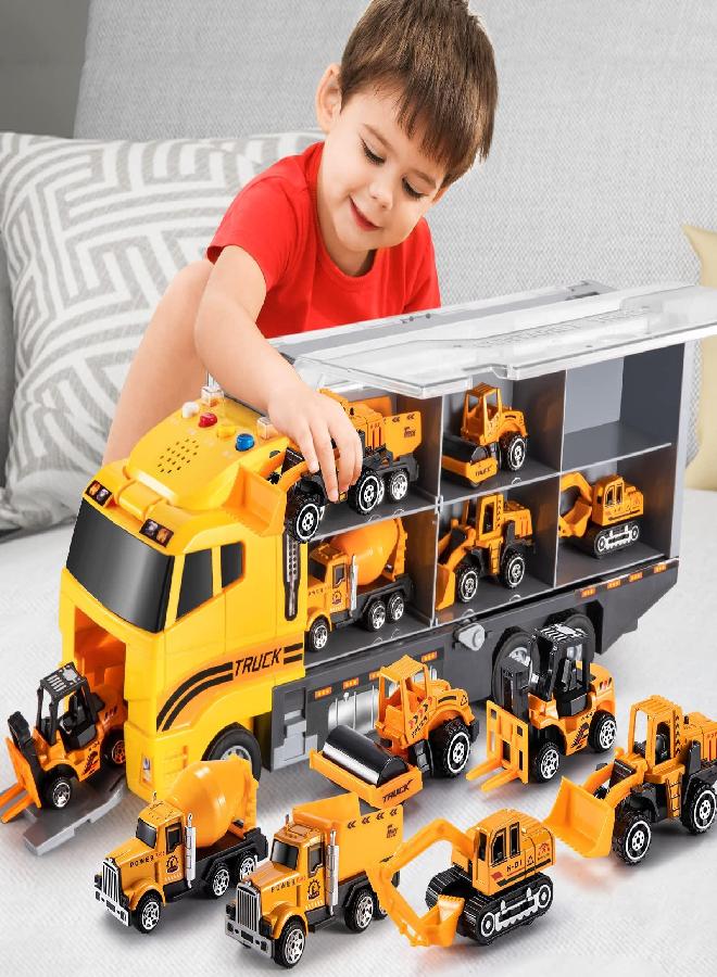 TEMI Toddler Toys for 3 4 5 6 Years Old Boys, Die-cast Construction Toys Car Carrier Vehicle Toy Set w/Play Mat, Kids Toys Truck Alloy Metal Car Toys Set for Age 3-9 Toddlers Kids Boys & Girls