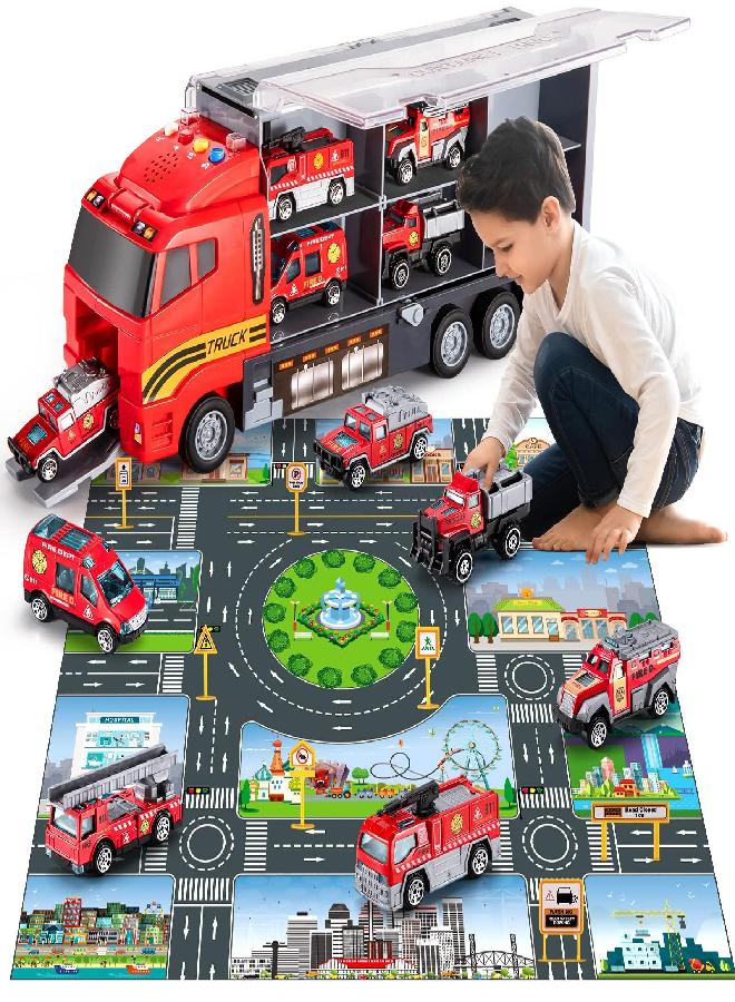 TEMI Toddler Toys for 3 4 5 6 Years Old Boys, Die-cast Emergency Fire Rescue Vehicle Transport Car Toy Set w/Play Mat, Alloy Metal Fire Truck Toys Set for Age 3-9 Toddlers Kids Boys & Girls