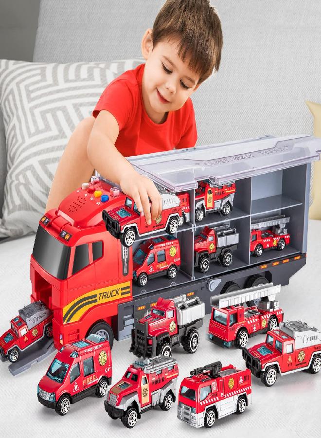 TEMI Toddler Toys for 3 4 5 6 Years Old Boys, Die-cast Emergency Fire Rescue Vehicle Transport Car Toy Set w/Play Mat, Alloy Metal Fire Truck Toys Set for Age 3-9 Toddlers Kids Boys & Girls