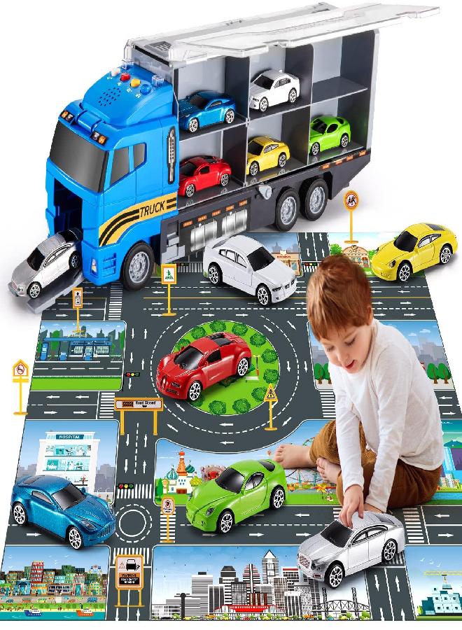 Toddler Toys for 3-9 Years Old Boys Race Model Car Double Side Transport Vehicle W/Play Mat, Die-cast Alloy Metal Car Toy Set Gifts for Age 3 4 5 6 Kids Child Boys Girls Birthday Party Favor