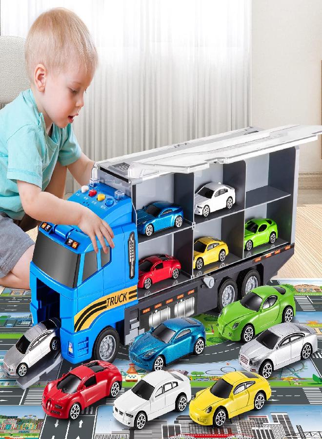 Toddler Toys for 3-9 Years Old Boys Race Model Car Double Side Transport Vehicle W/Play Mat, Die-cast Alloy Metal Car Toy Set Gifts for Age 3 4 5 6 Kids Child Boys Girls Birthday Party Favor