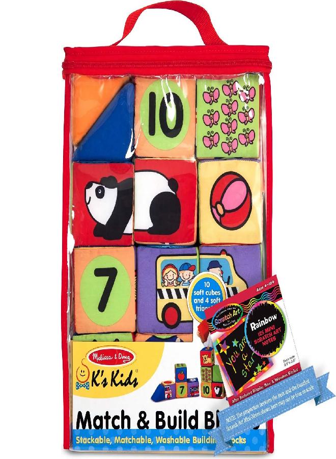 Melissa & Doug Matching & Build Blocks: K's Kids Baby Toy Series & 1 Pair of Baby Socks Bundle (09167)