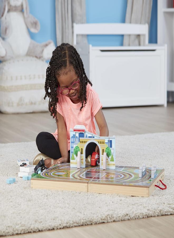 Melissa & Doug 18-Piece Wooden Take-Along Tabletop Town, 4 Rescue Vehicles, Play Pieces, Bridge