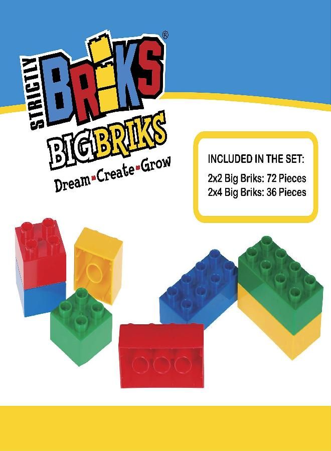 Strictly Briks - Big Briks Set - 108 Pieces - Blue, Green, Red, & Yellow - Large Building Blocks for Toddlers Ages 3 and Up, Compatible with All Major Brands