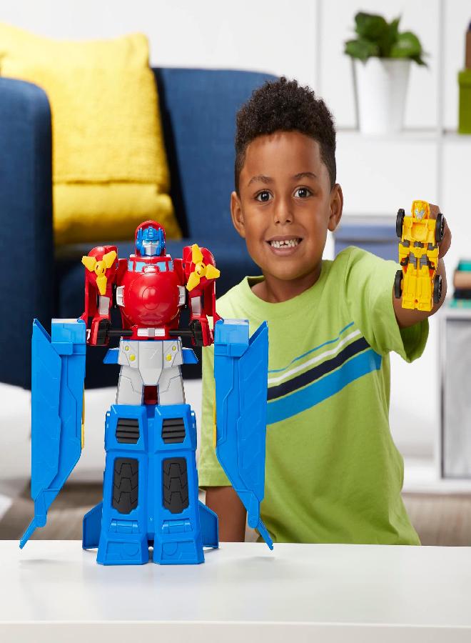 Transformers Optimus Prime Jumbo Jet Wing Racer Playset with 4.5-inch Bumblebee Racecar Action Figure Converting Toys, Ages 3 and Up, 15-inch