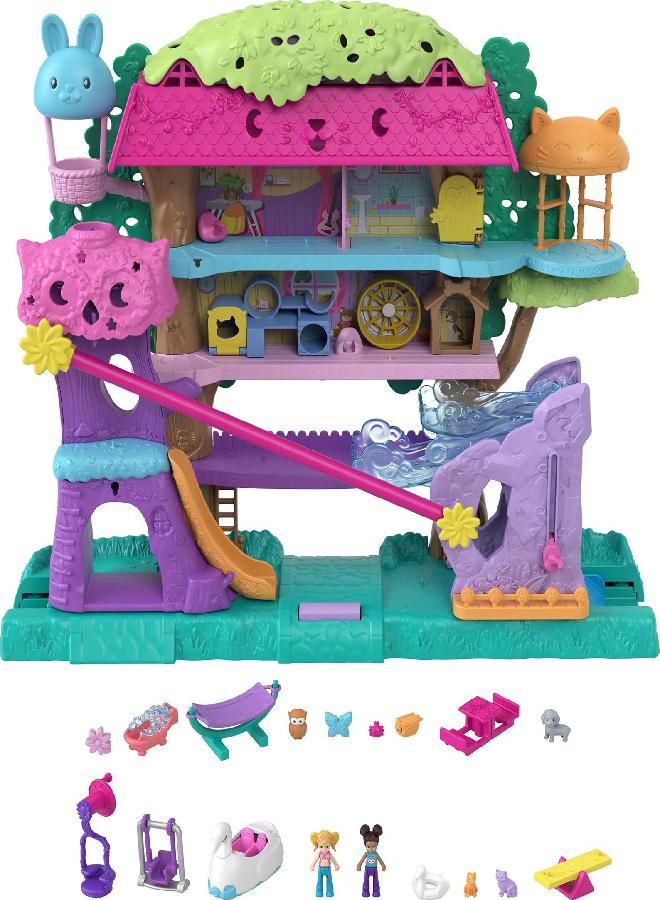 Polly Pocket Doll House with 2 Micro Dolls and Accessories, Toy Car, Doll Furniture and 4 Pets, Expandable Pet Adventure House