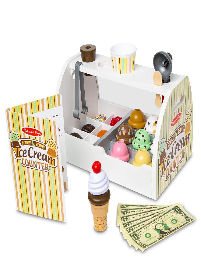 Melissa & Doug Wooden Scoop and Serve Ice Cream Counter (28 pcs) - Play Food and Accessories - Pretend Food Toys, Ice Cream Shop Toys For Kids Ages 3+