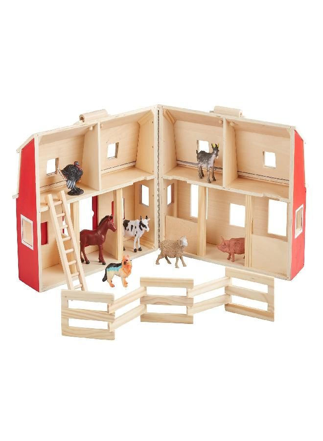 Melissa & Doug Fold and Go Wooden Barn With 7 Animal Play Figures - Farm Animals Portable Toys For Kids And Toddlers Ages 3+