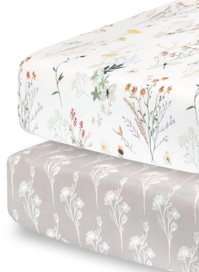 Pobibaby - 2 Pack Premium Fitted Baby Girl Crib Sheets for Standard Crib Mattress - Ultra-Soft Jersey Knit, Safe and Snug, and Stylish Floral Crib Sheet (Wildflower)