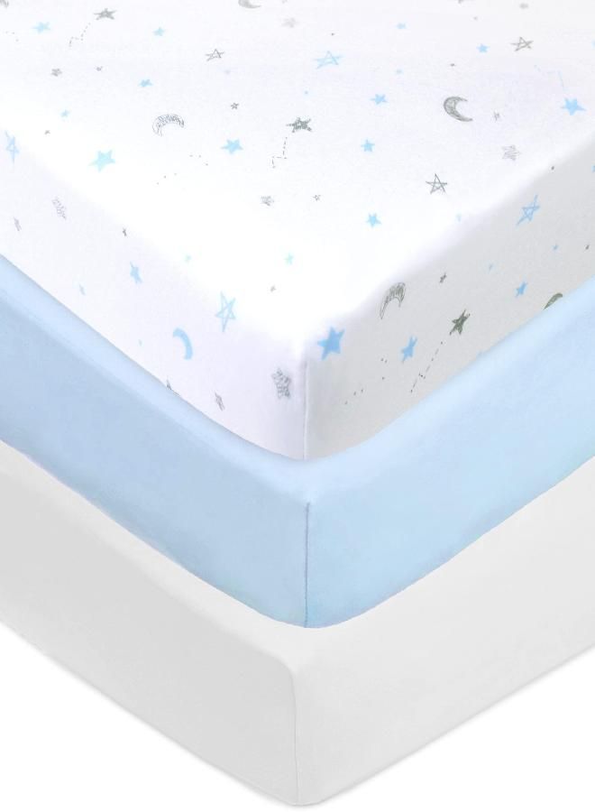 American Baby Company 3 Pack Printed 100% Cotton Jersey Knit Fitted Crib Sheet for Standard Crib and Toddler Mattresses, Blue Stars/Blue/White, for Boys and Girls