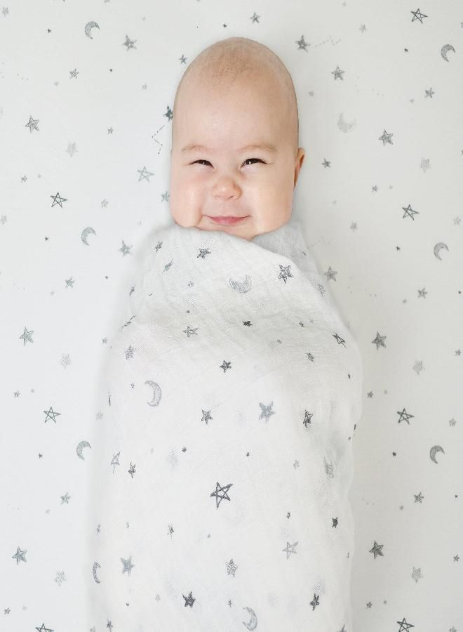 American Baby Company Printed 100% Cotton Jersey Knit Fitted Crib Sheet for Standard Crib and Toddler Mattresses, Grey Stars and Moon, 1 Count (Pack of 1) (Pack of 1)