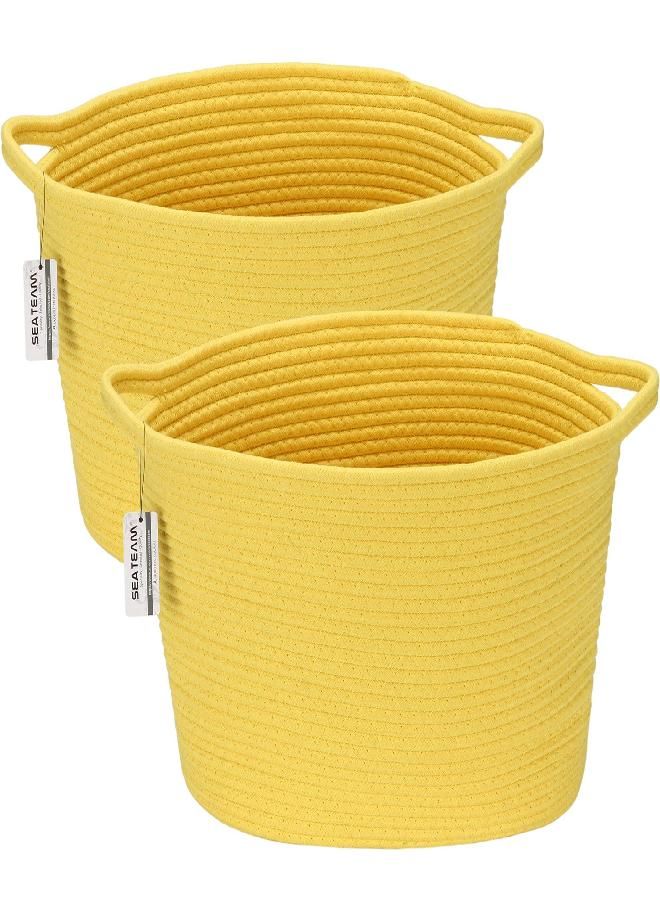 Sea Team 2-Pack Oval Cotton Rope Woven Storage Basket with Handles, Diaper Caddy, Nursery Nappies Organizer, Baby Shower Basket for Kid's Room, 14.2 x 9 x 11.4 Inches (Medium Size, Yellow)