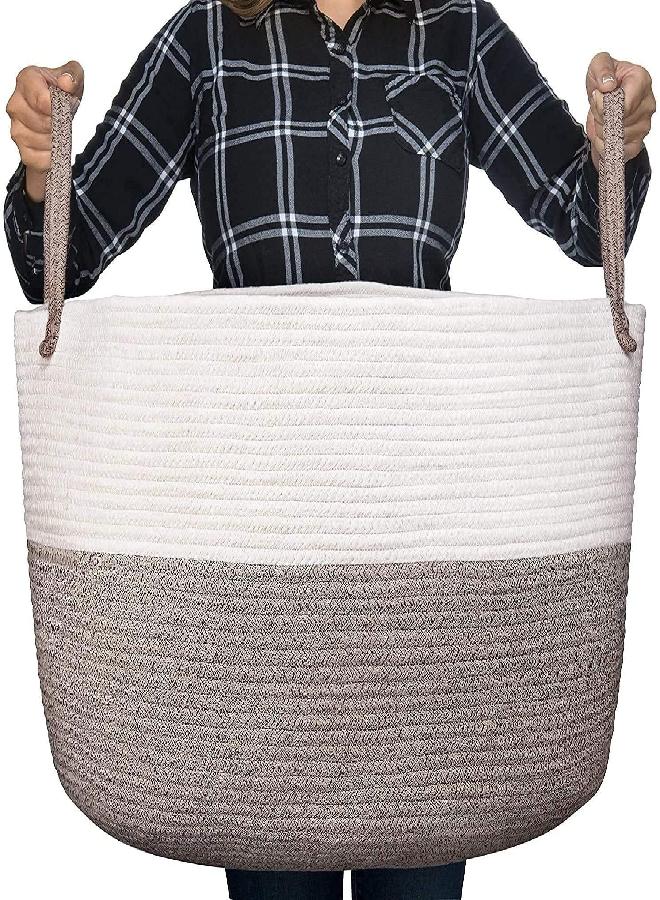 luxury little XXXL Nursery Storage Basket, 22 x 22 x 14 inches - 100% Cotton Rope Basket with Handles, Laundry Basket for Toys, Blankets and Pillows - Off White & Beige