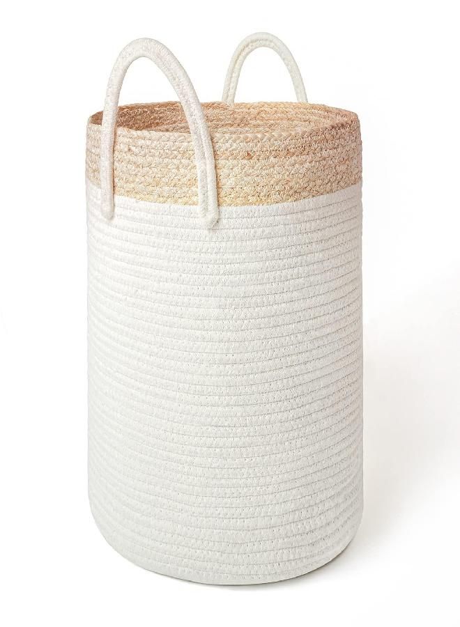 Woven Basket Rope Storage Basket - Large Cotton Organizer 16 x 14 x 14 Inches, Natural and Safe For Baby and Kids, Two-Tone Woven Organizer with Corn Skin