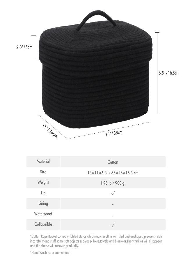 Sea Team Oval Cotton Rope Storage Basket with Lid, Lidded Woven Storage Bin, Nursery Storage Container, Diaper Caddy, Baby Shower Basket, Box, Organizer, 15 x 11 x 6.5 Inches (Medium, Black)