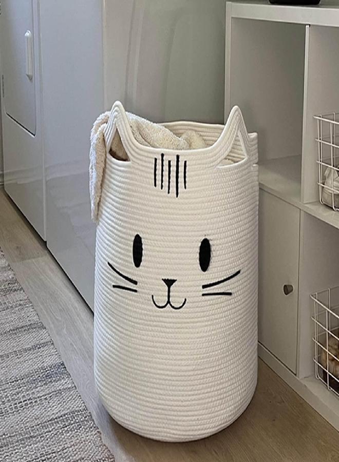 INDRESSME Cute Baby Laundry Basket, Tall Nursery Hamper for Clothes, Towels, Blankets, Kids Toy Storage Basket for Living Room, Bedroom, Cat Basket for Playroom, 16 x 20 inches, White