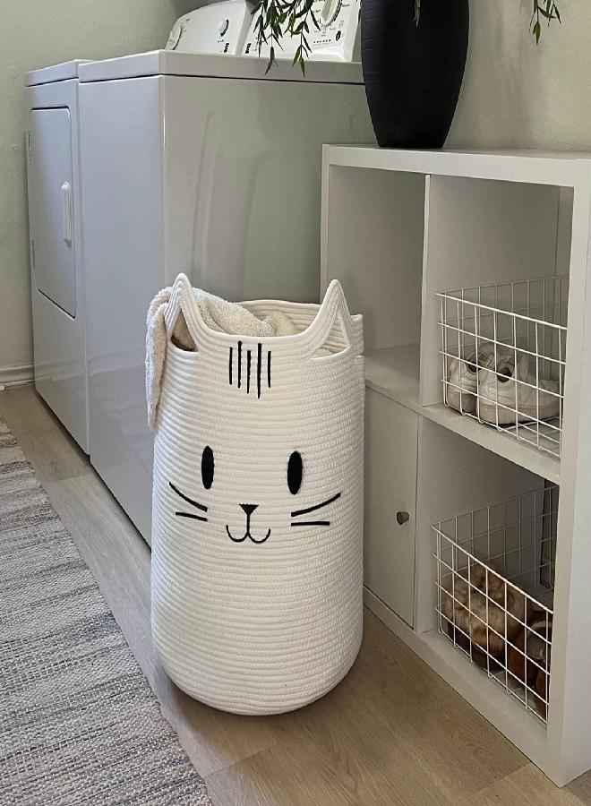 INDRESSME Cute Baby Laundry Basket, Tall Nursery Hamper for Clothes, Towels, Blankets, Kids Toy Storage Basket for Living Room, Bedroom, Cat Basket for Playroom, 16 x 20 inches, White