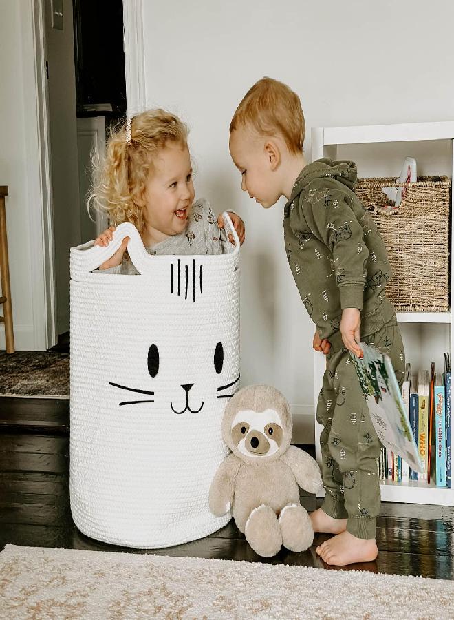 INDRESSME Cute Baby Laundry Basket, Tall Nursery Hamper for Clothes, Towels, Blankets, Kids Toy Storage Basket for Living Room, Bedroom, Cat Basket for Playroom, 16 x 20 inches, White