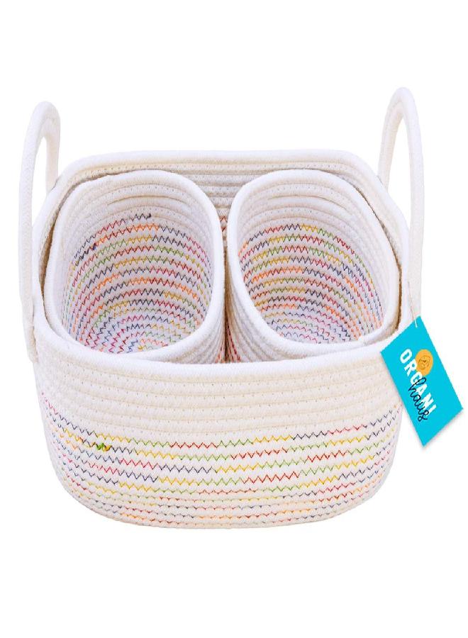 OrganiHaus Set of 3 Rainbow Nursery Storage Baskets for Shelves | Baby Changing Basket | Small Woven Baskets for Storage | Cotton Rope Basket for Toys | Basket with Handles | Round Towel Basket Bins