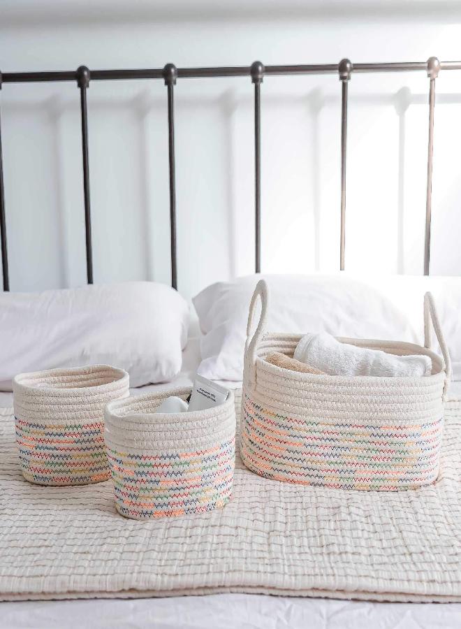 OrganiHaus Set of 3 Rainbow Nursery Storage Baskets for Shelves | Baby Changing Basket | Small Woven Baskets for Storage | Cotton Rope Basket for Toys | Basket with Handles | Round Towel Basket Bins