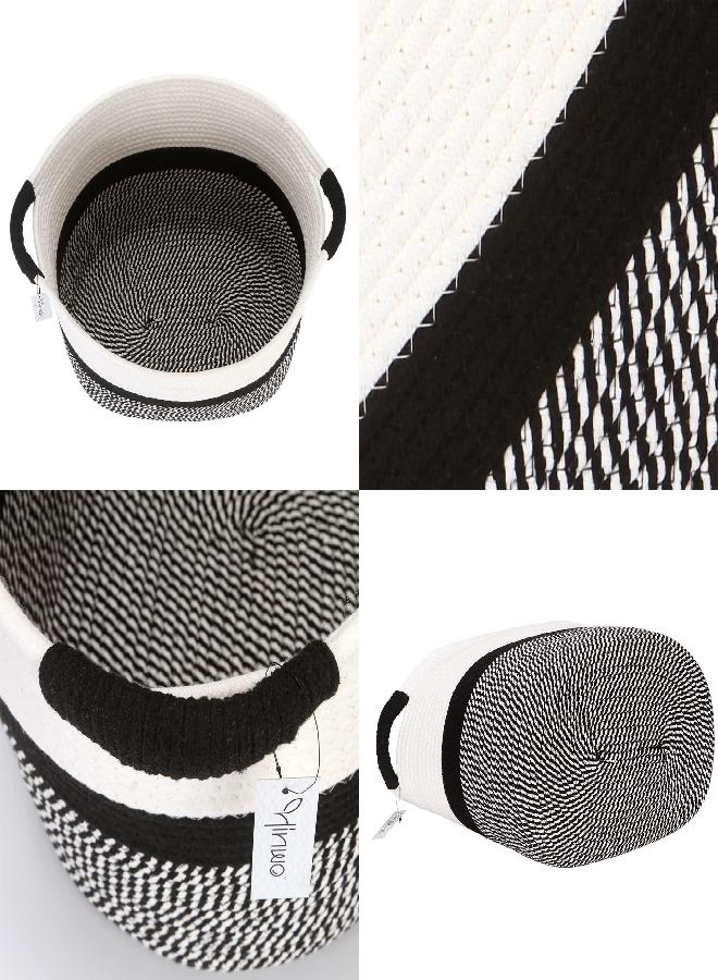 Hinwo Oval Cotton Rope Storage Basket Collapsible Nursery Storage Box Container Organizer with Handles, 16 x 13 inches, Off White and Black