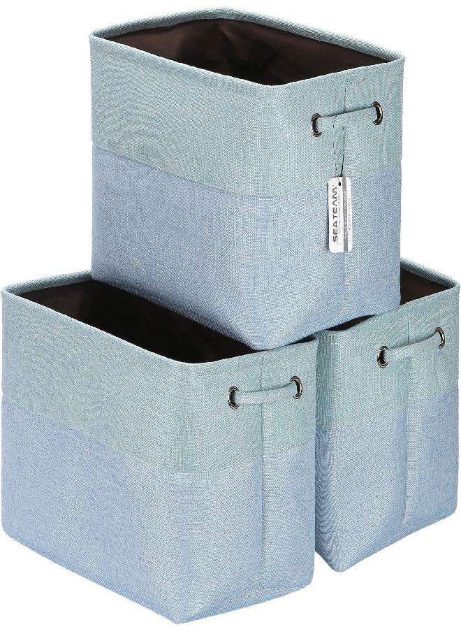 Sea Team 3-Pack Large Storage Basket Set, Trunk Organizer, Clothes Toys Bin, 15 x 10 x 10 Inches, Big Rectangular Canvas Fabric Collapsible Shelf Box with Handles for Kids Room (Babyblue/Mint)