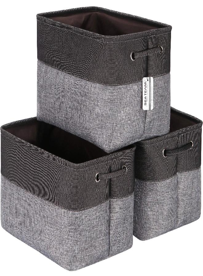 Sea Team 3-Pack Large Storage Basket Set, Trunk Organizer, Clothes Toys Bin, 15 x 10 x 10 Inches, Big Rectangular Canvas Fabric Collapsible Shelf Box with Handles for Kids Room (Grey/Black)