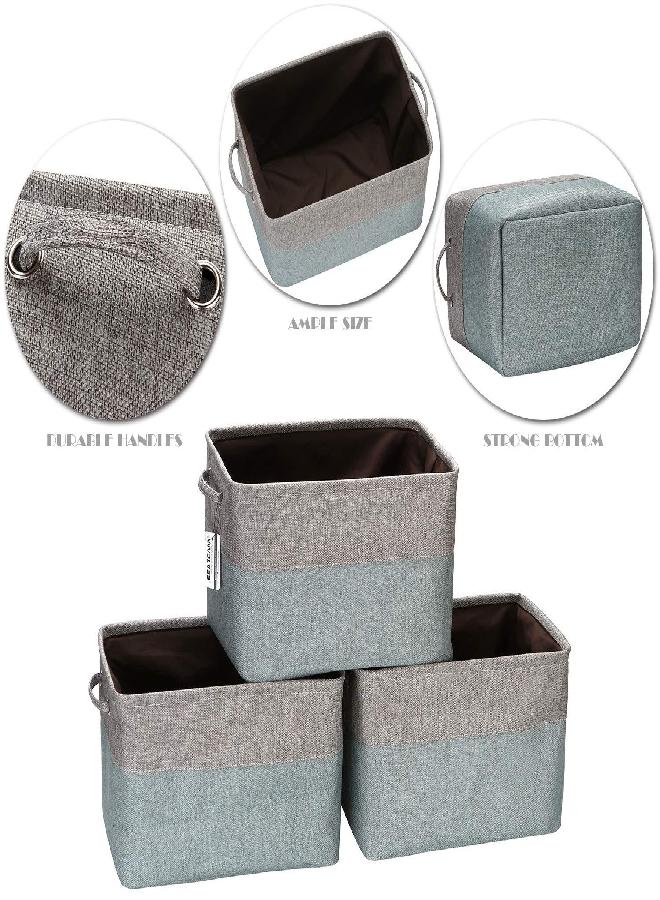 Sea Team 3-Pack Large Storage Basket Set, Trunk Organizer, Clothes Toys Bin, 15 x 10 x 10 Inches, Big Rectangular Canvas Fabric Collapsible Shelf Box with Handles for Kids Room (Grey/Stone Blue)