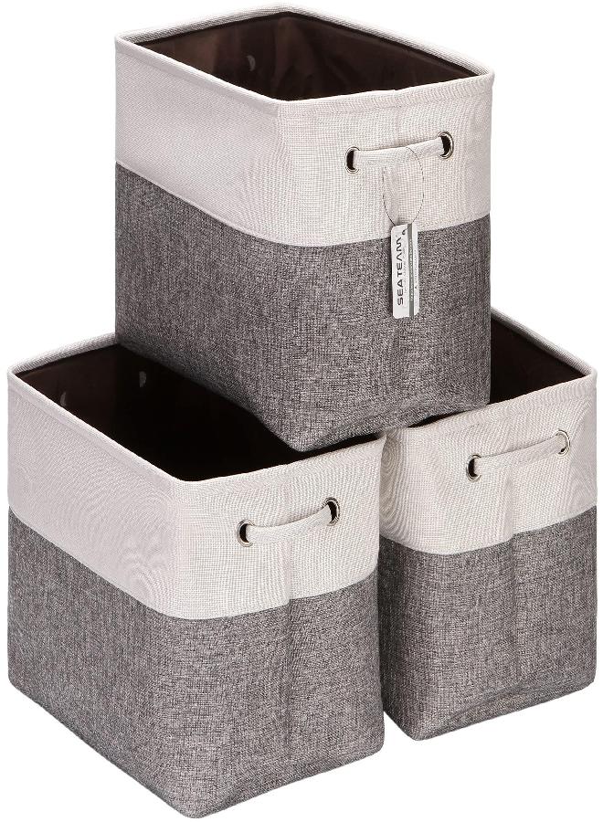 Sea Team 3-Pack Large Storage Basket Set, Trunk Organizer, Clothes Toys Bin, 15 x 10 x 10 Inches, Big Rectangular Canvas Fabric Collapsible Shelf Box with Handles for Kids Room (Grey/White)