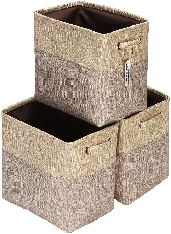 Sea Team 3-Pack Large Storage Basket Set, Trunk Organizer, Clothes Toys Bin, 15 x 10 x 10 Inches, Big Rectangular Canvas Fabric Collapsible Shelf Box with Handles for Kids Room (Tan/Beige)