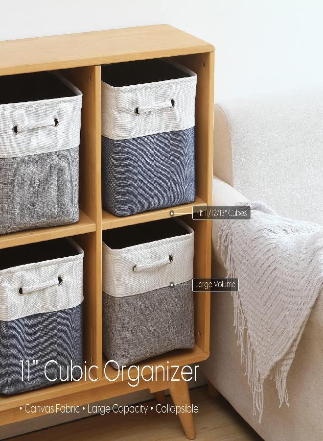 Sea Team 3-Pack Cubic Storage Basket Set, Storage Cube Organizer, Clothes Toys Bin, 11 x 11 x 11 Inches, Big Square Canvas Fabric Collapsible Shelf Box with Handles for Kids Room (Grey/White)