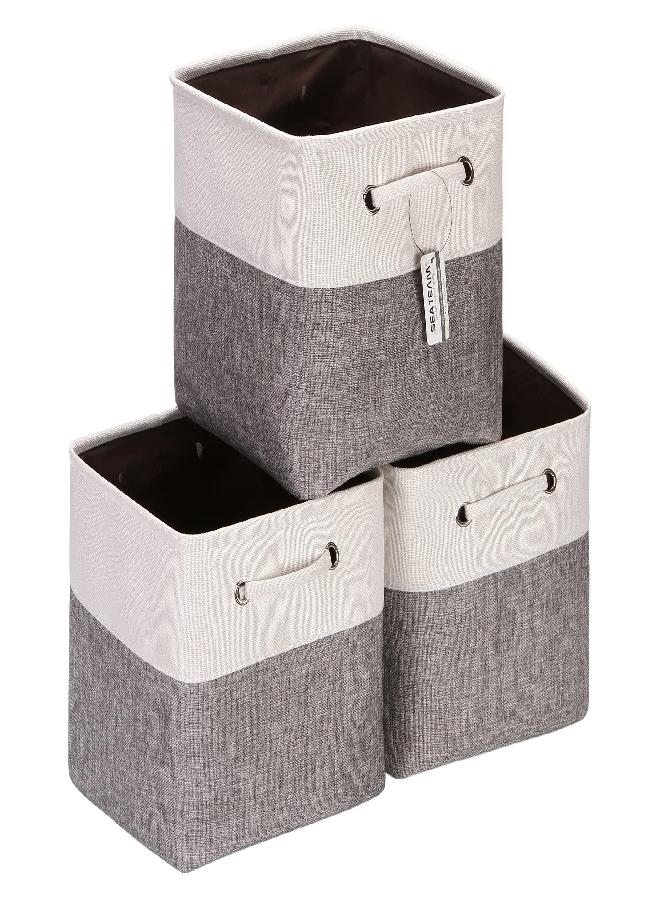 Sea Team 3-Pack Cubic Storage Basket Set, Storage Cube Organizer, Clothes Toys Bin, 11 x 11 x 11 Inches, Big Square Canvas Fabric Collapsible Shelf Box with Handles for Kids Room (Grey/White)