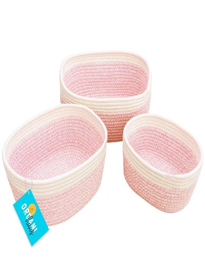 OrganiHaus Set of 3 Pink Baskets for Organizing | Nursery Storage Basket for Closet | Small Woven Basket | Cotton Rope Basket for Storage | Decorative Storage Bins for Shelves | Baby Storage Organizer