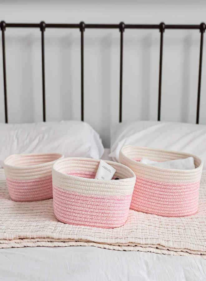 OrganiHaus Set of 3 Pink Baskets for Organizing | Nursery Storage Basket for Closet | Small Woven Basket | Cotton Rope Basket for Storage | Decorative Storage Bins for Shelves | Baby Storage Organizer