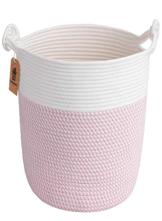 Goodpick Cotton Rope Basket with Handle for Baby Laundry Basket Toy Storage Blanket Storage Nursery Basket Soft Storage Bins Baby Gift Basket Woven Basket, 15'' × 15'' × 14.2'', Pink