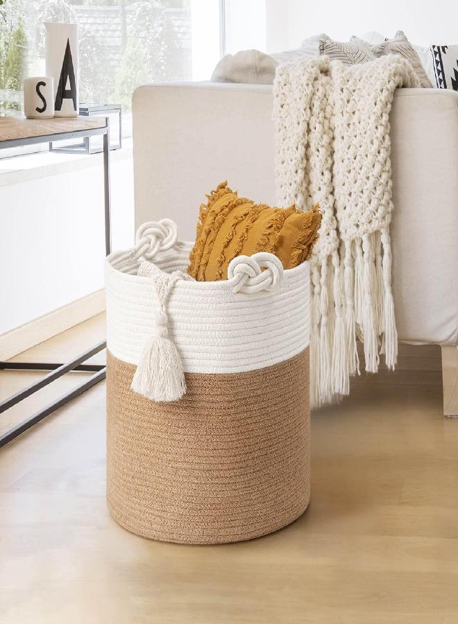 Goodpick Cotton Rope Basket with Handle for Baby Laundry Basket Toy Storage Blanket Storage Nursery Basket Soft Storage Bins-Woven Basket, 15'' × 15'' × 14.2'', Jute