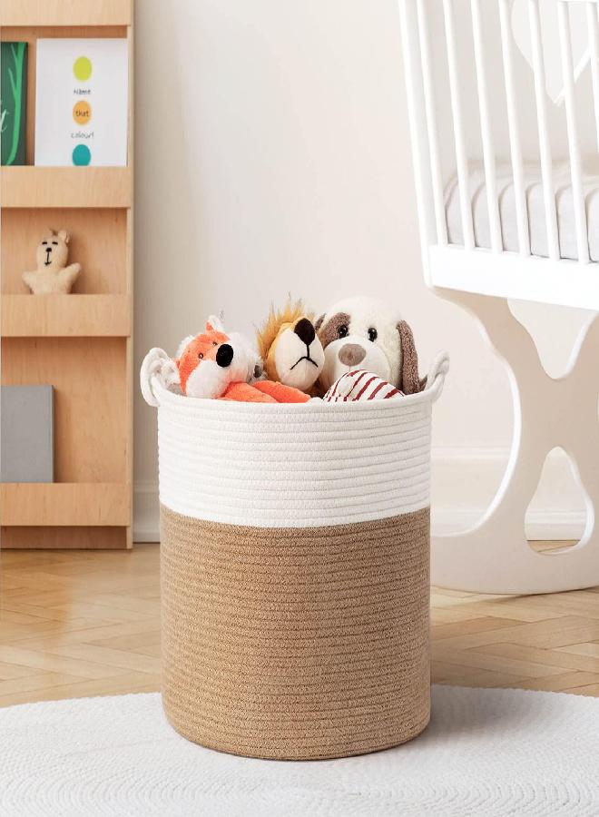 Goodpick Cotton Rope Basket with Handle for Baby Laundry Basket Toy Storage Blanket Storage Nursery Basket Soft Storage Bins-Woven Basket, 15'' × 15'' × 14.2'', Jute