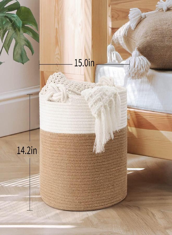 Goodpick Cotton Rope Basket with Handle for Baby Laundry Basket Toy Storage Blanket Storage Nursery Basket Soft Storage Bins-Woven Basket, 15'' × 15'' × 14.2'', Jute