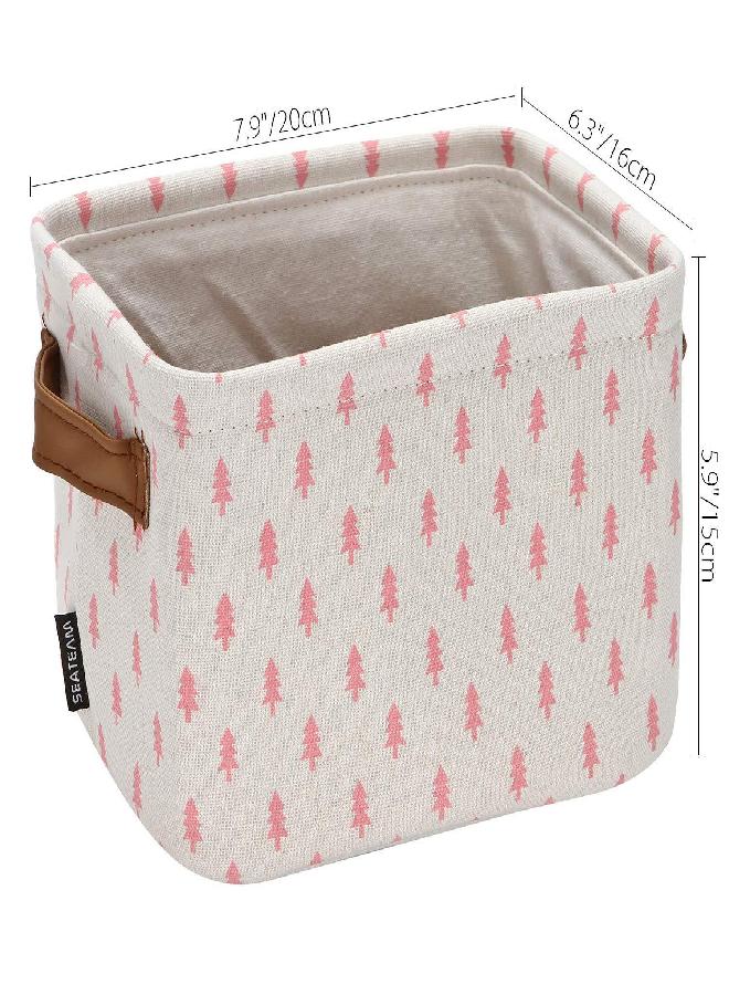 Sea Team Collapsible Small Canvas Fabric Storage Basket with Handles, Square Mini Storage Box, Cube, Foldable Shelf Basket, Closet, Desk Organizer for Nursery, Home, Office (Pink, Set of 4)
