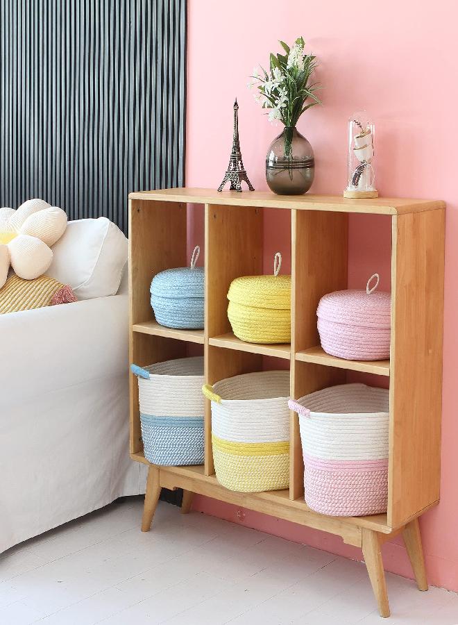 Hinwo Oval Cotton Rope Storage Basket Collapsible Nursery Storage Box Container Organizer with Handles, 13 x 10 inches, Off White and Pink