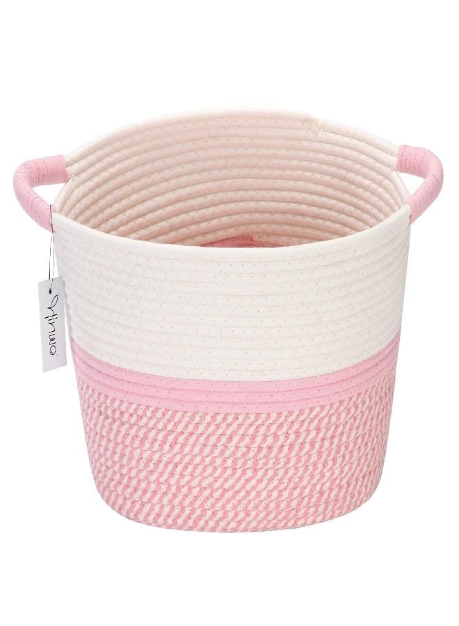 Hinwo Oval Cotton Rope Storage Basket Collapsible Nursery Storage Box Container Organizer with Handles, 13 x 10 inches, Off White and Pink