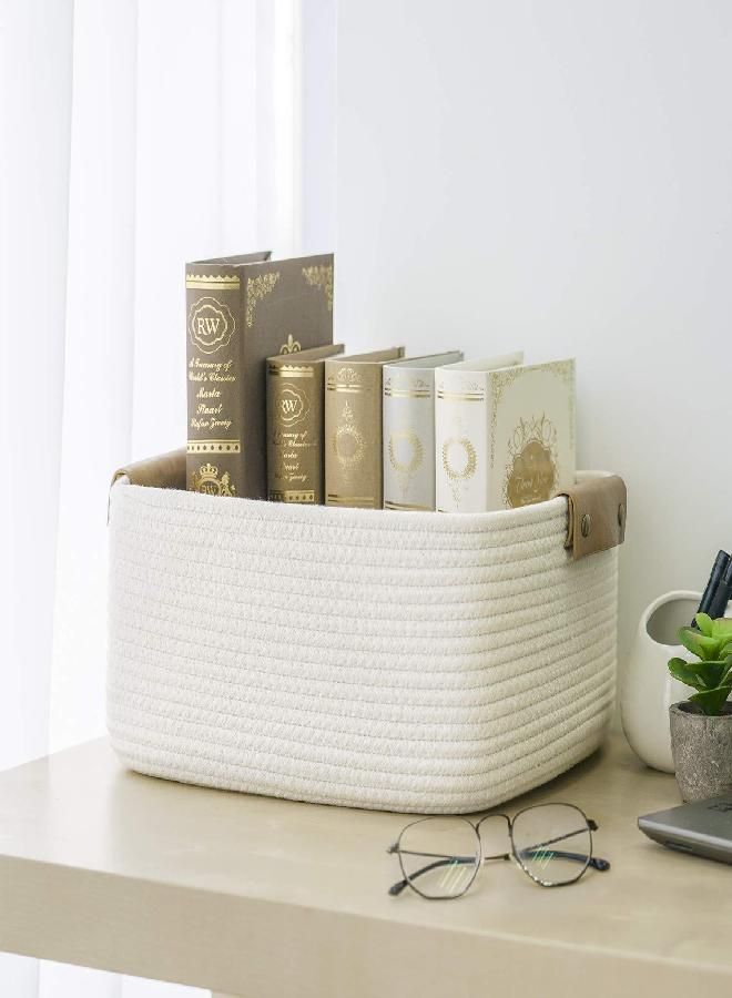 CHICVITA Rectangle Cotton Rope Woven Basket with Handles for Books, Magazines, Toys - Decorative Rectangle Basket for Baby Nursery, Living Room, Bathroom