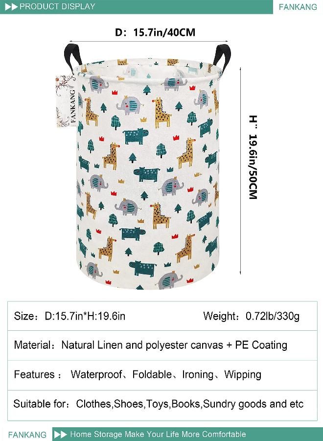 FANKANG Storage Basket, Nursery Hamper Canvas Laundry Basket Foldable with Waterproof PE Coating Large Storage Baskets for Kids Boys and Girls, Office, Bedroom, Clothes,Toys（Froest animals）