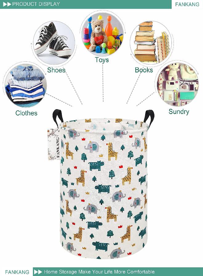 FANKANG Storage Basket, Nursery Hamper Canvas Laundry Basket Foldable with Waterproof PE Coating Large Storage Baskets for Kids Boys and Girls, Office, Bedroom, Clothes,Toys（Froest animals）