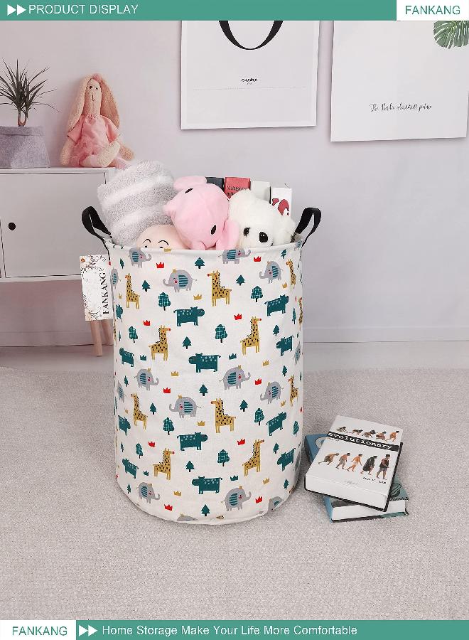 FANKANG Storage Basket, Nursery Hamper Canvas Laundry Basket Foldable with Waterproof PE Coating Large Storage Baskets for Kids Boys and Girls, Office, Bedroom, Clothes,Toys（Froest animals）