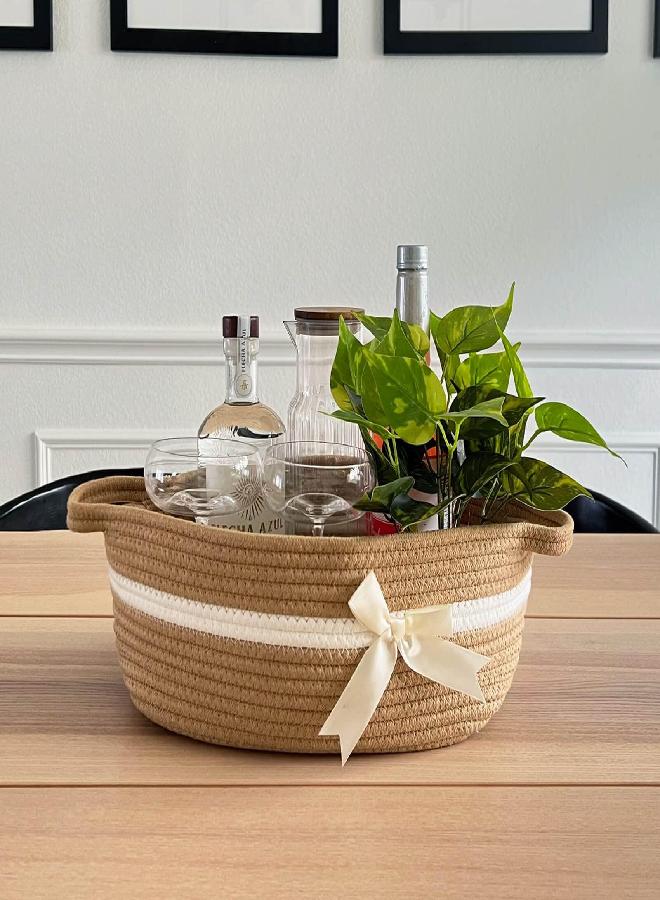 CHICVITA Small Woven Rope Gift Basket, Baby Nursery Storage Basket for Towels, Snacks, Toys, Diapers, Rectangle Shelf Basket for Bathroom, Cute Brown Basket, 13 x 9.8 x 4.9 inches