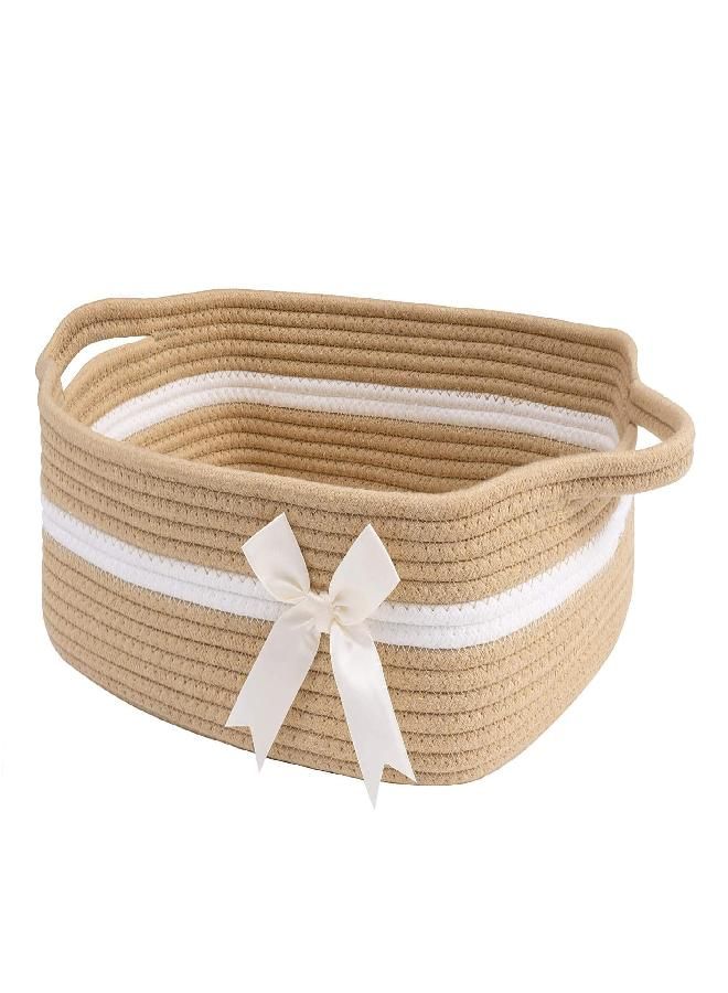 CHICVITA Small Woven Rope Gift Basket, Baby Nursery Storage Basket for Towels, Snacks, Toys, Diapers, Rectangle Shelf Basket for Bathroom, Cute Brown Basket, 13 x 9.8 x 4.9 inches