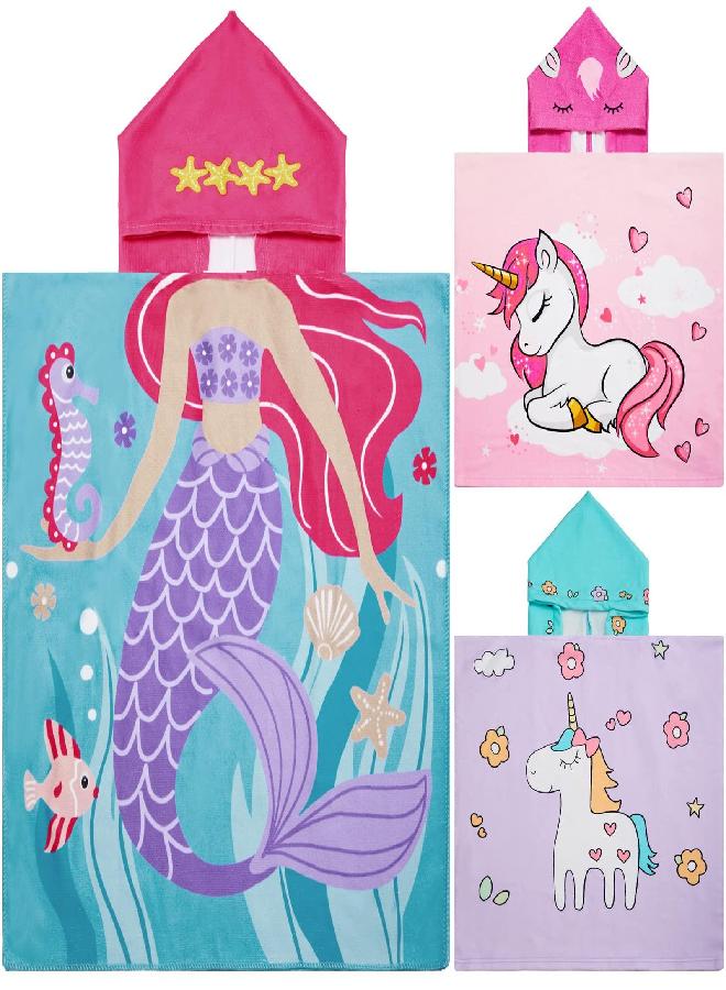 3 Pack Kids Hooded Towel Baby Beach Bath Towel for Girls Boys Thicker Toddler Swim Towels Ponchos with Hood Cotton Pool Bath Towels Poncho (Mermaid, Unicorn,47 x 24 Inch)